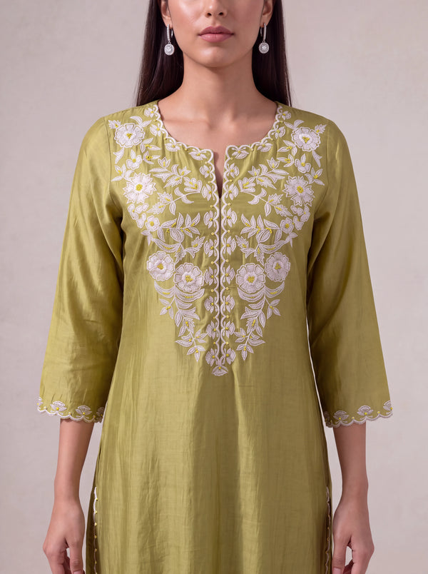 Olive-green chanderi kurta set with floral khat embroidery