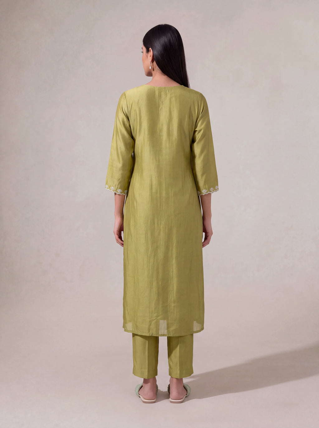 Olive-green chanderi kurta set with floral khat embroidery