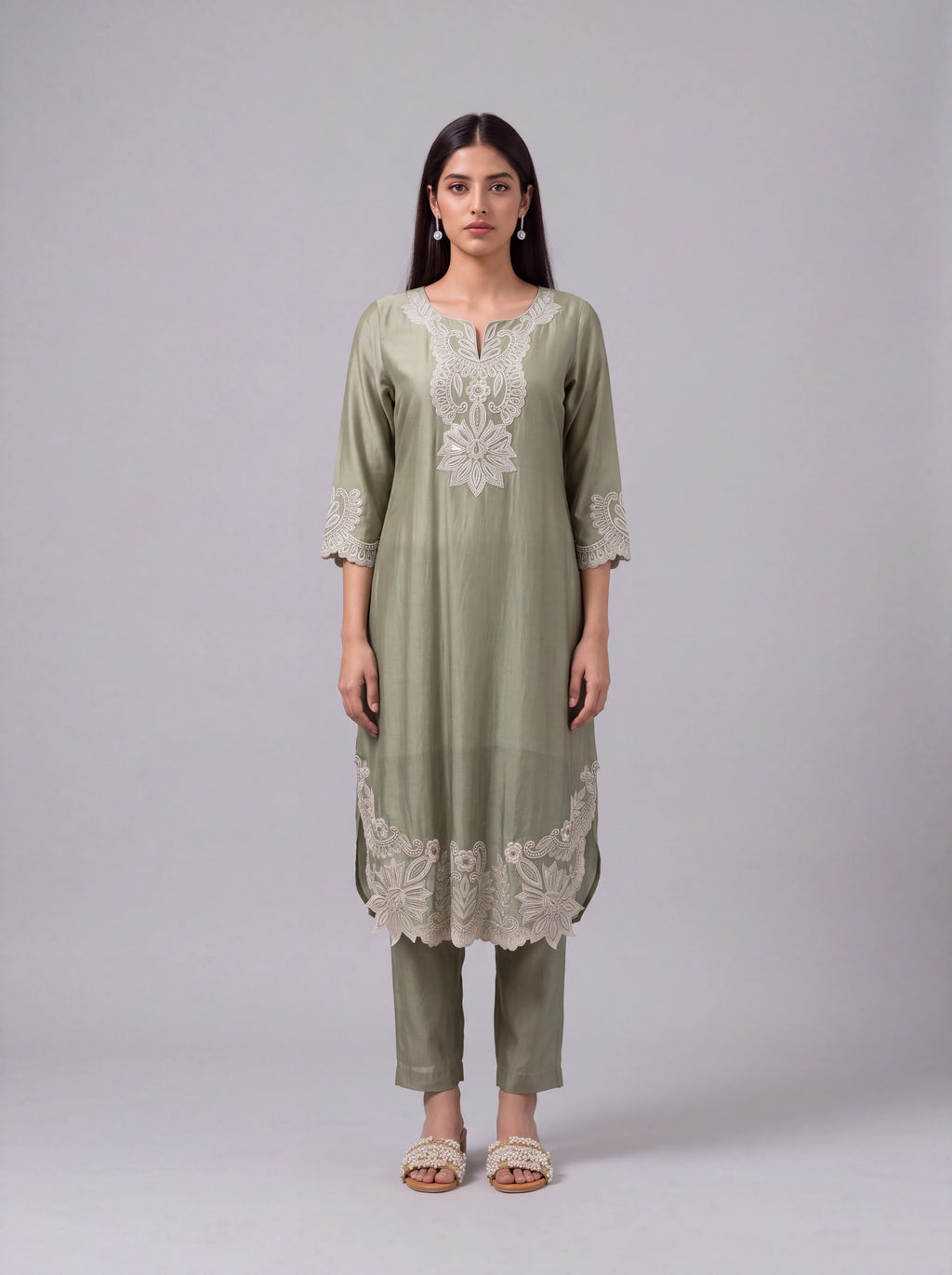 Olive chanderi kurta set with intricate white embroidery