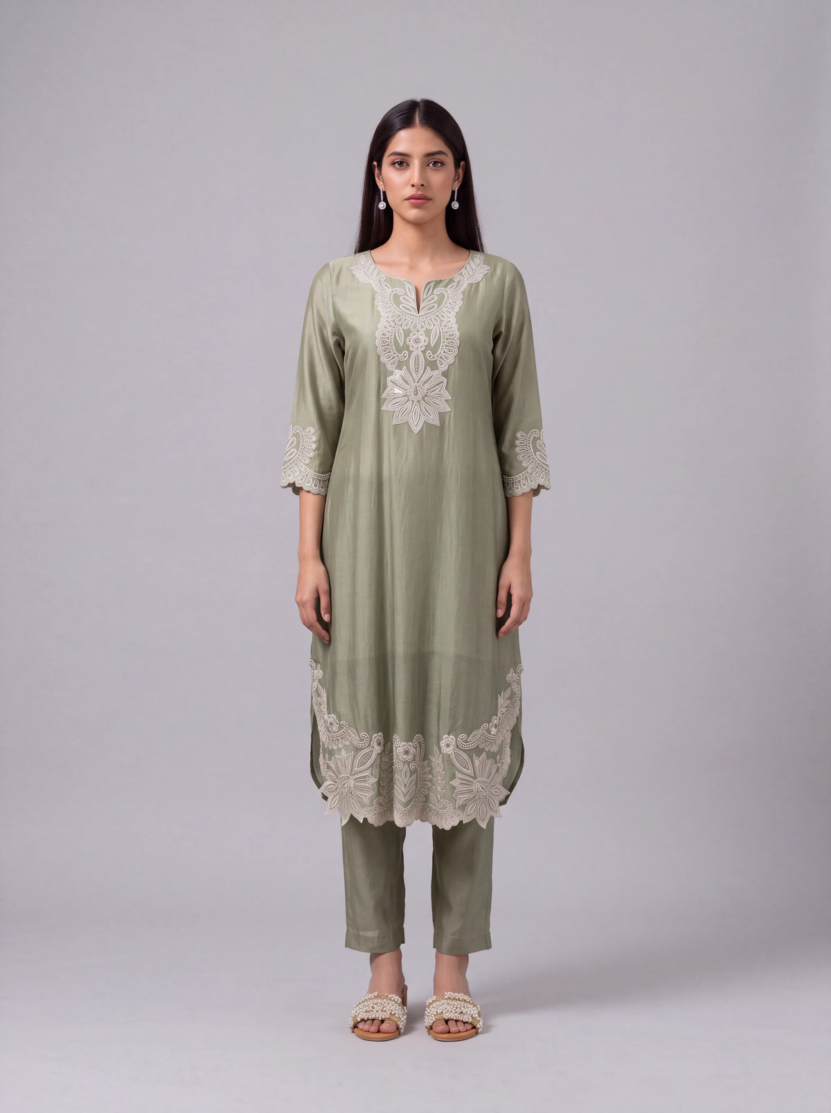 Olive chanderi kurta set with intricate white embroidery