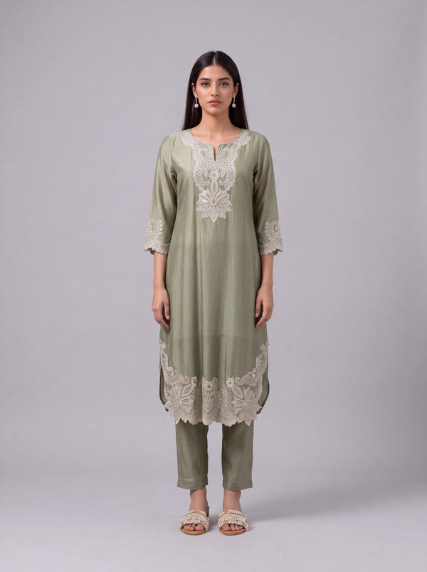 Olive chanderi kurta set with intricate white embroidery