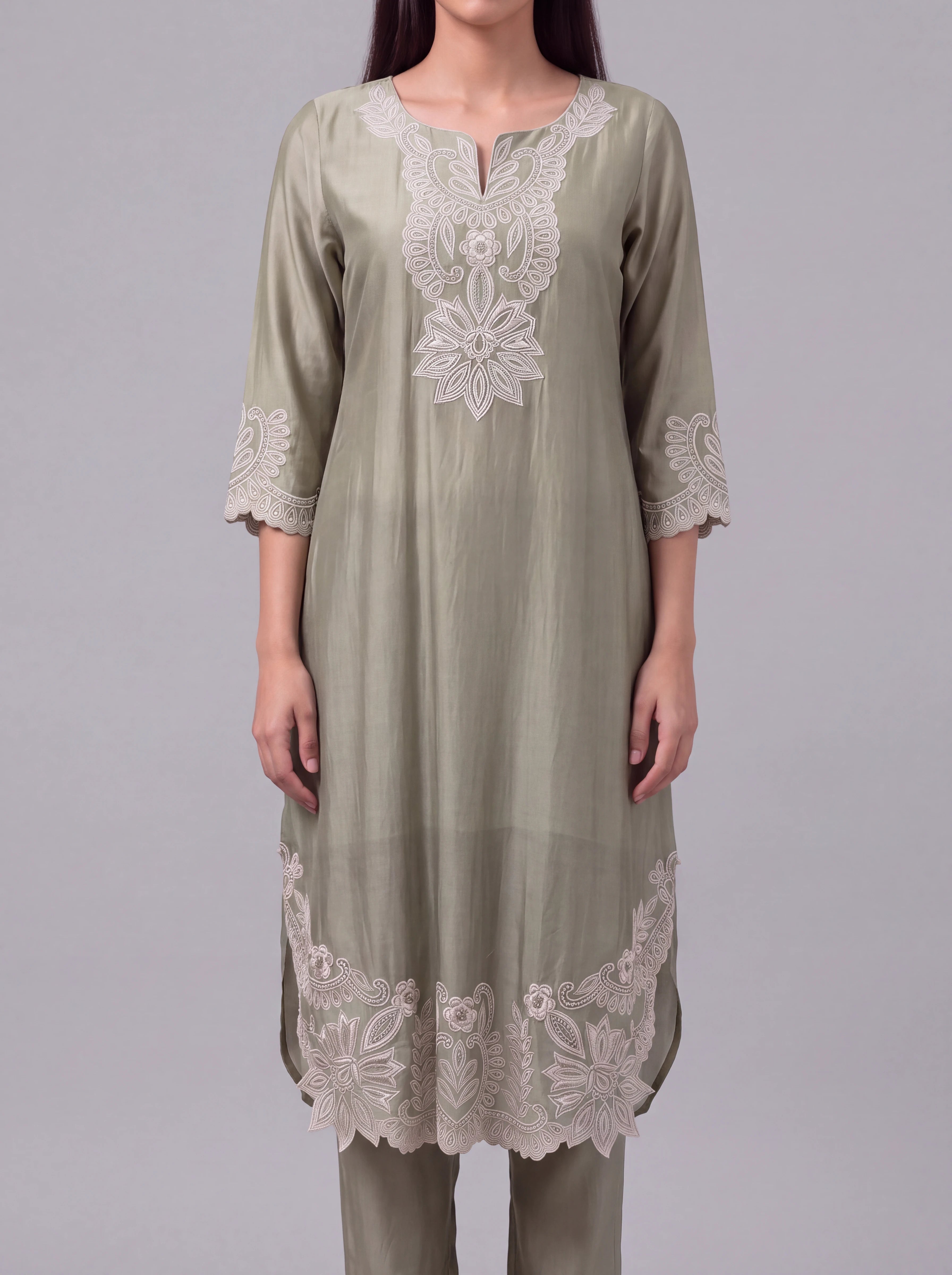 Olive chanderi kurta set with intricate white embroidery Secondary image