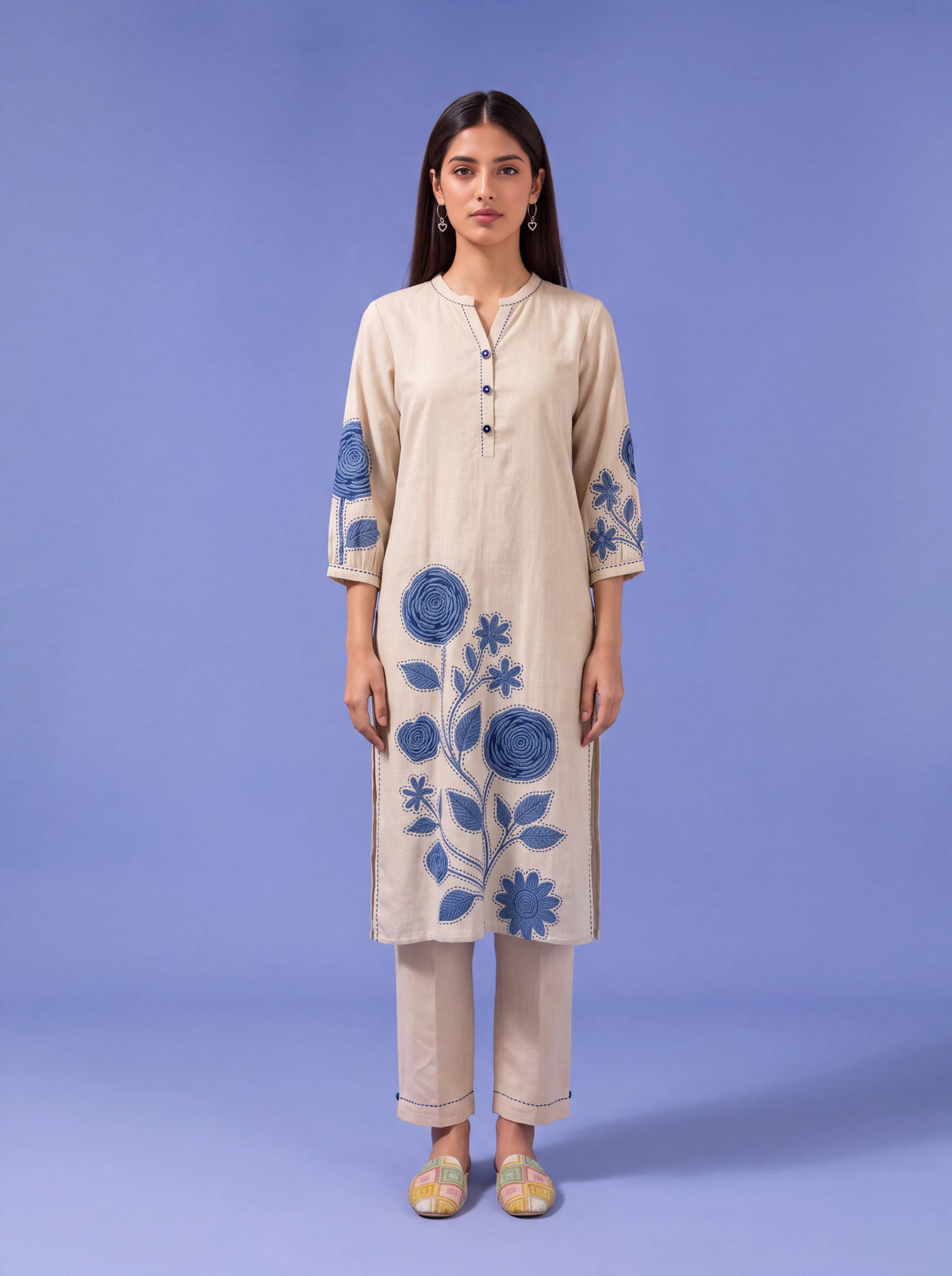 Blue cotton kurta set with blue floral hand embroidery Main image