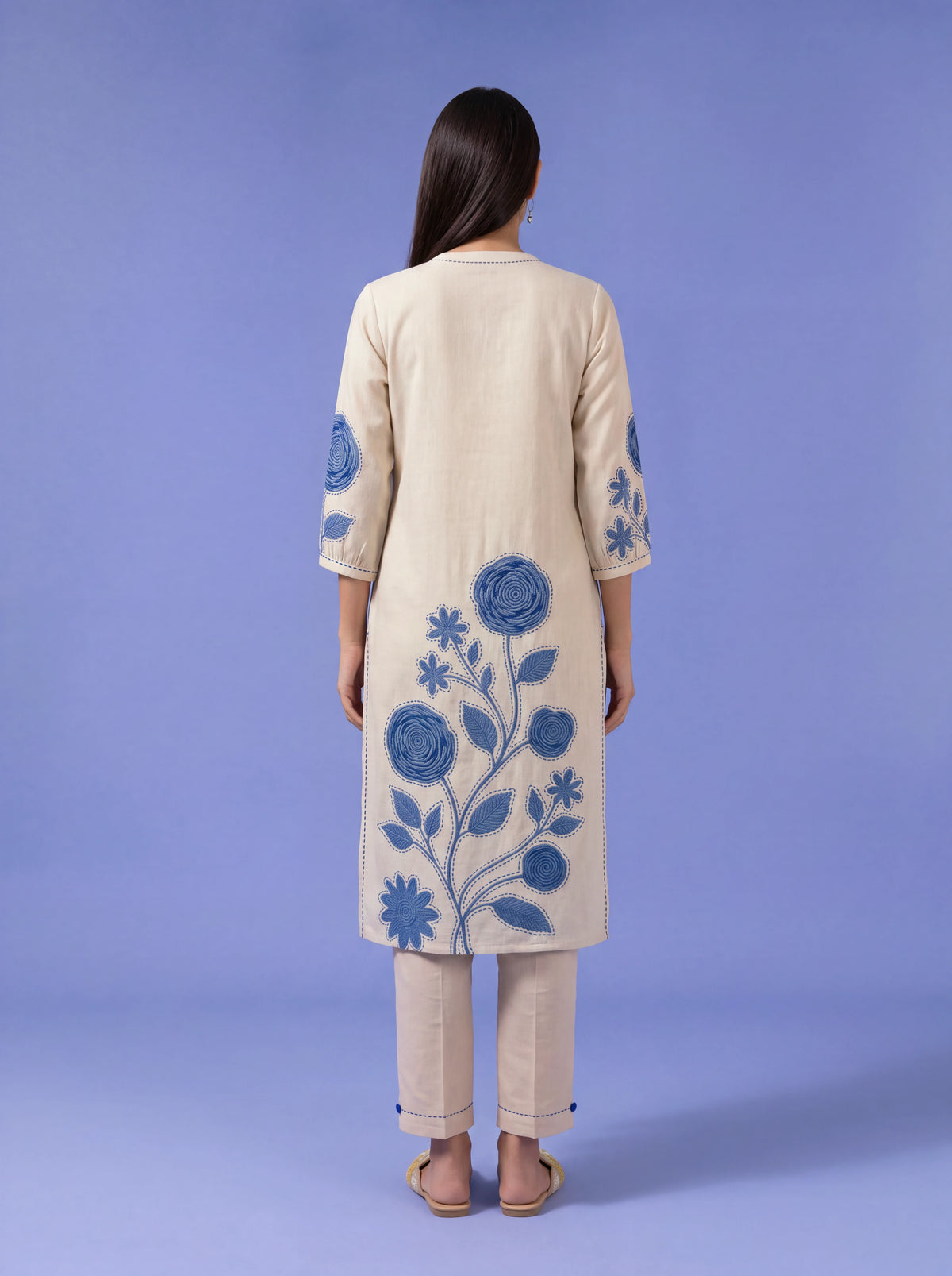 Blue cotton kurta set with blue floral hand embroidery