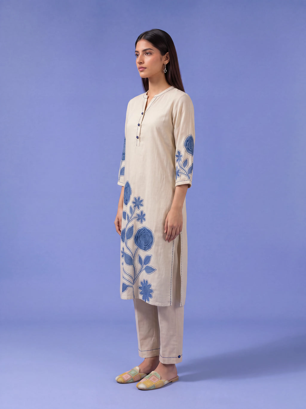 Blue cotton kurta set with blue floral hand embroidery