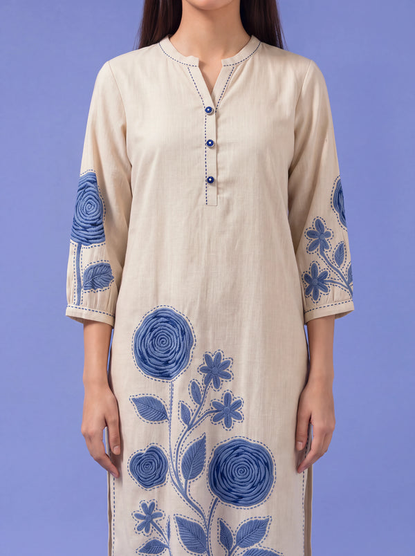 Blue cotton kurta set with blue floral hand embroidery