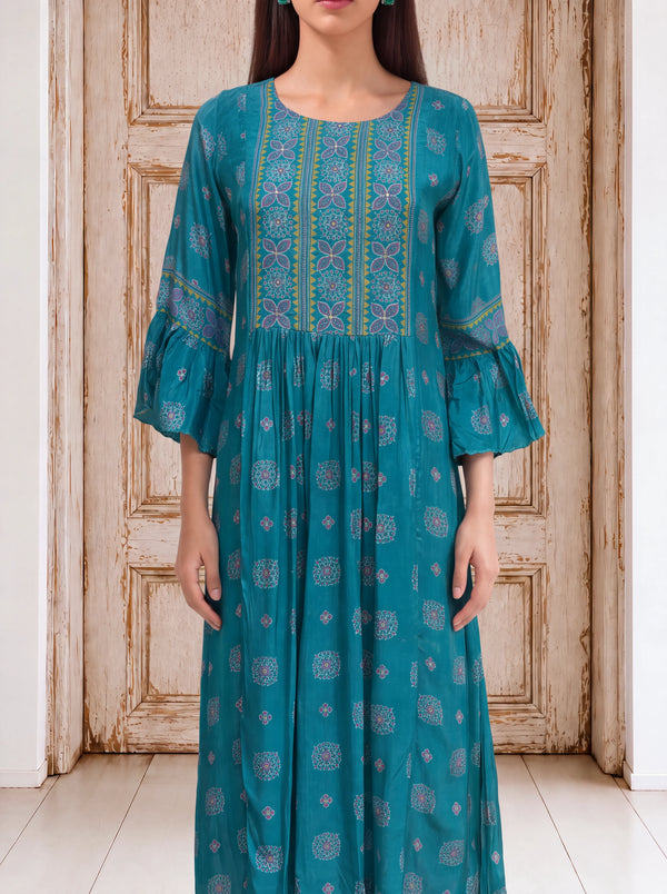Teal crepe printed dress with hand sequins embroidery