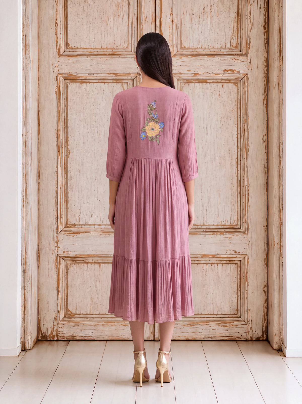 Peach viscose floral khat-embroidered tiered fusion dress