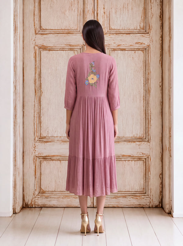 Peach viscose floral khat-embroidered tiered fusion dress