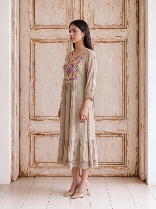 Natural viscose floral khat-embroidered tiered fusion dress