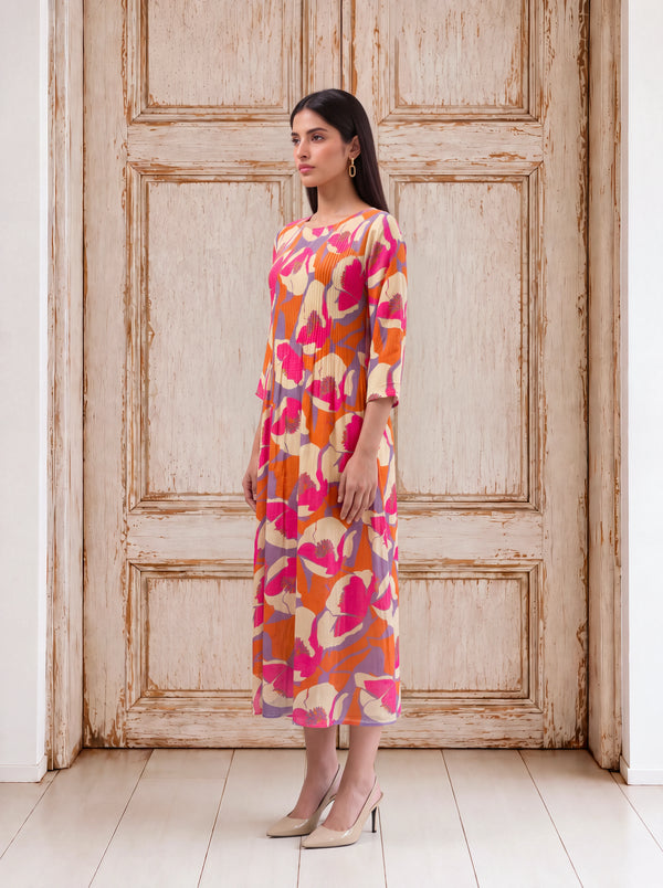 Orange crepe abstract floral pleated fusion dress