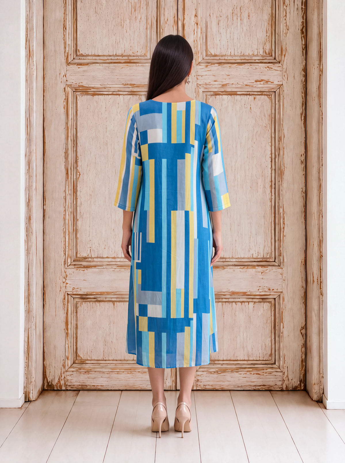 Blue crepe abstract geometric pleated fusion dress