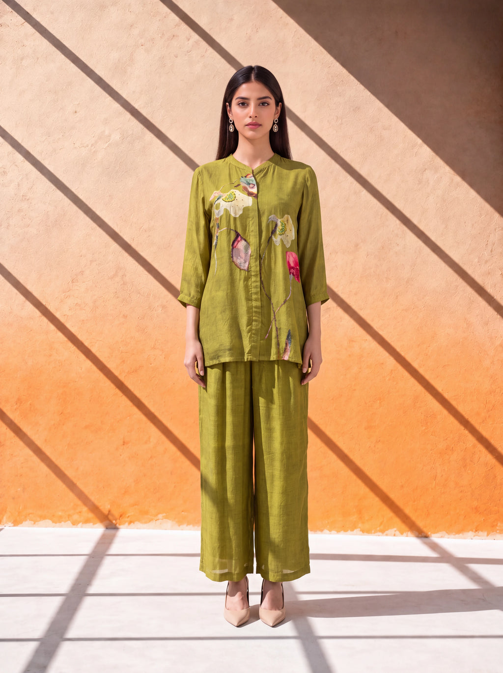 Mehndi green cotton-silk coordinate set with floral print and khat-kardana embroidery