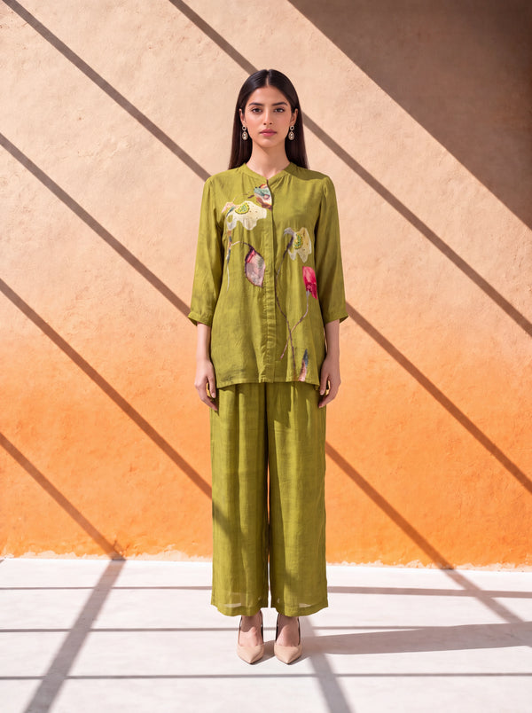 Mehndi green cotton-silk coordinate set with floral print and khat-kardana embroidery