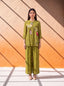 Mehndi green cotton-silk coordinate set with floral print and khat-kardana embroidery