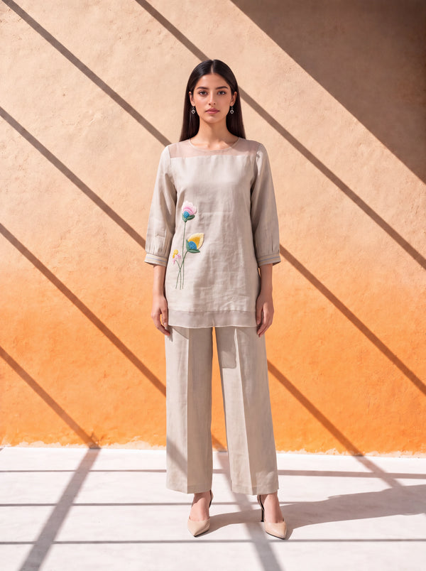 Natural beige linen coordinate set with floral embroidery and organza detailing