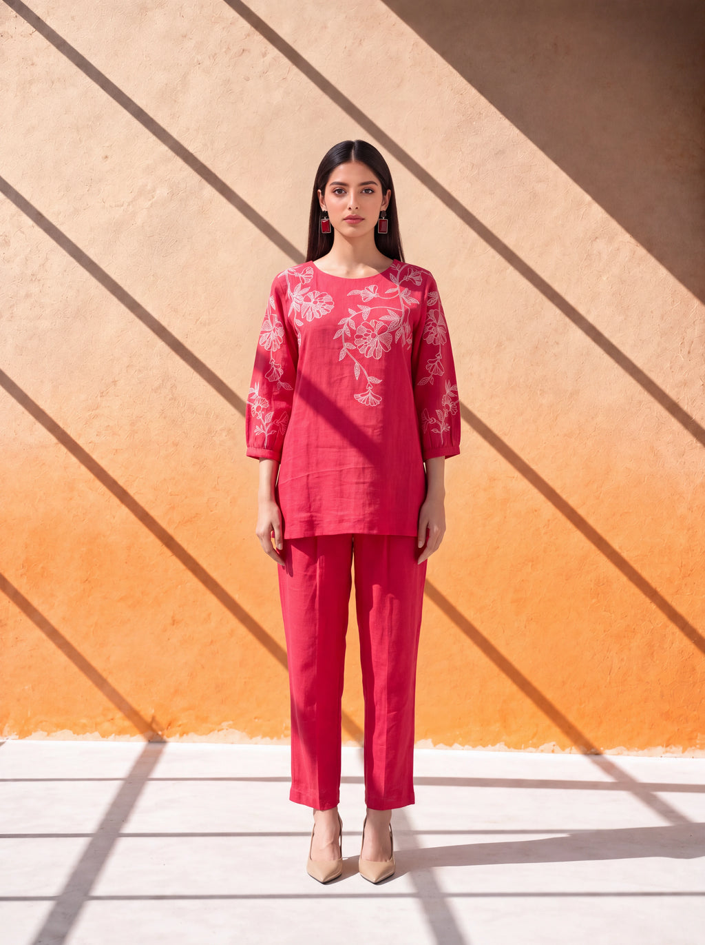 Tomato pure linen coordinate set with contrast floral machine embroidery