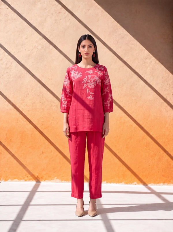 Tomato pure linen coordinate set with contrast floral machine embroidery