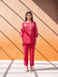 Tomato pure linen coordinate set with contrast floral machine embroidery