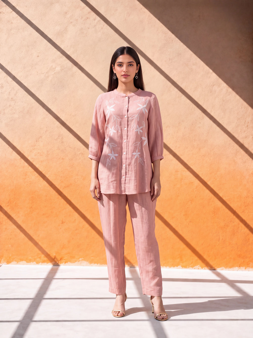 Peach gauze linen coordinate set with machine embroidery