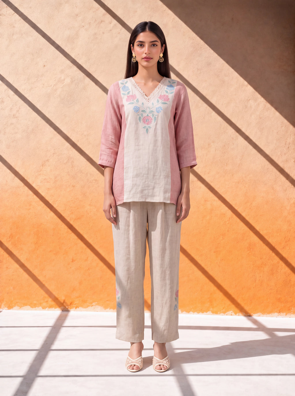 Peach gauze linen coordinate set with lace and yoke embroidery