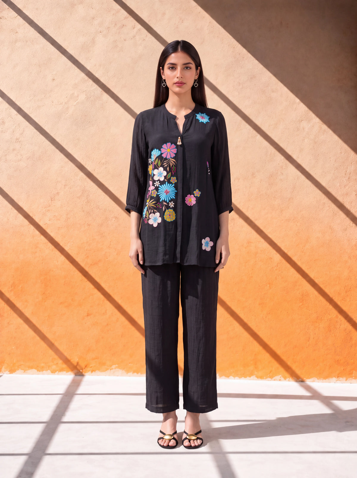 Black viscose coordinate set with colourful floral khat embroidery Main image