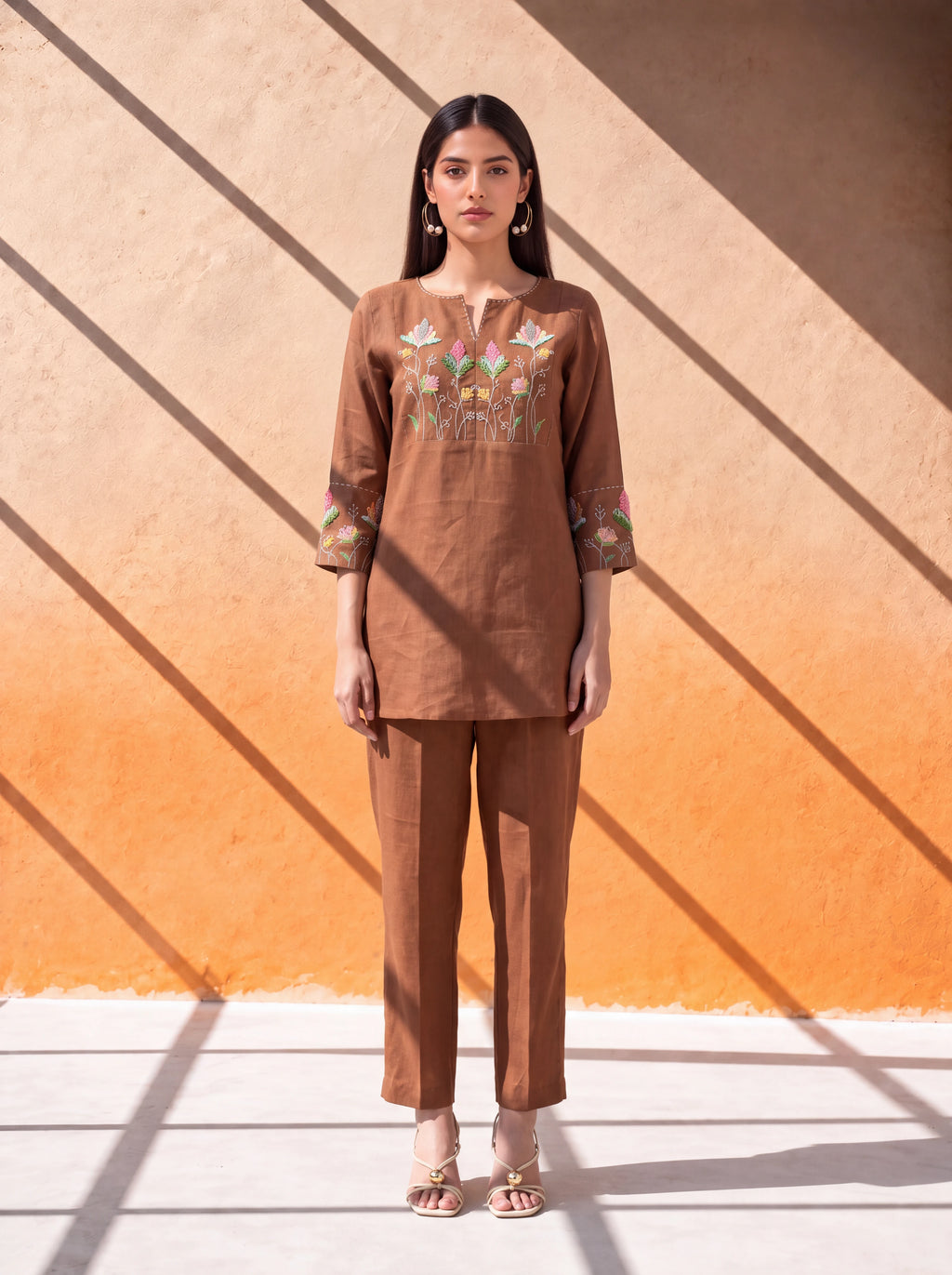 Brown pure linen coordinate set with floral organza patch embroidery
