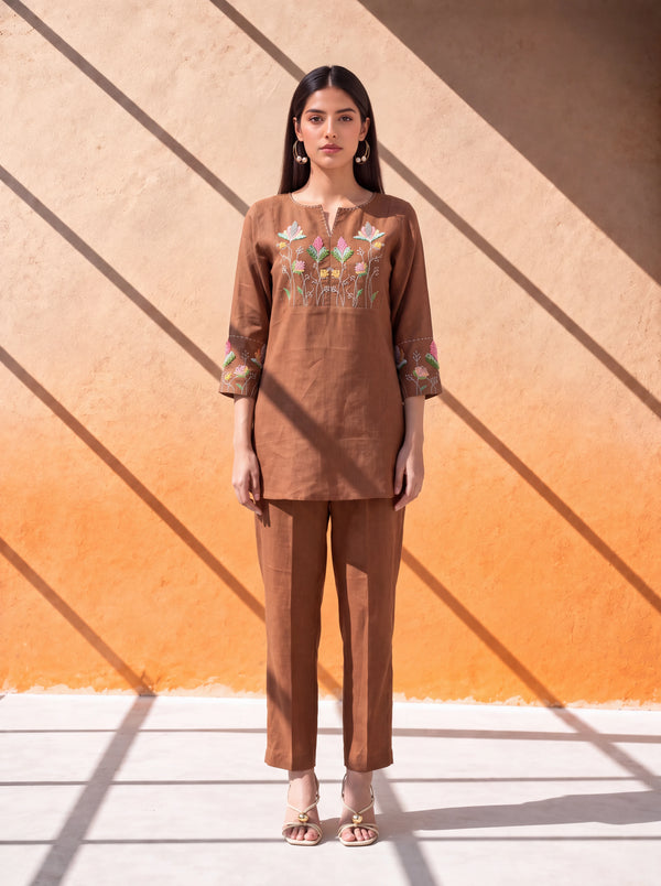 Brown pure linen coordinate set with floral organza patch embroidery