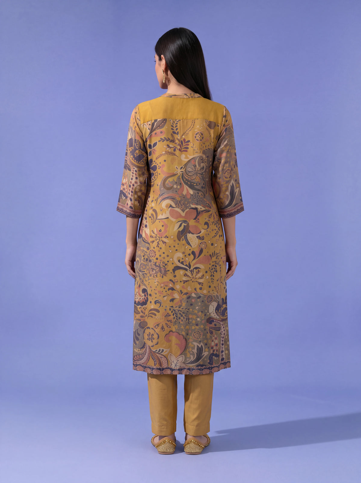 Mustard cotton silk salwar suit with sequins and thread embroidery