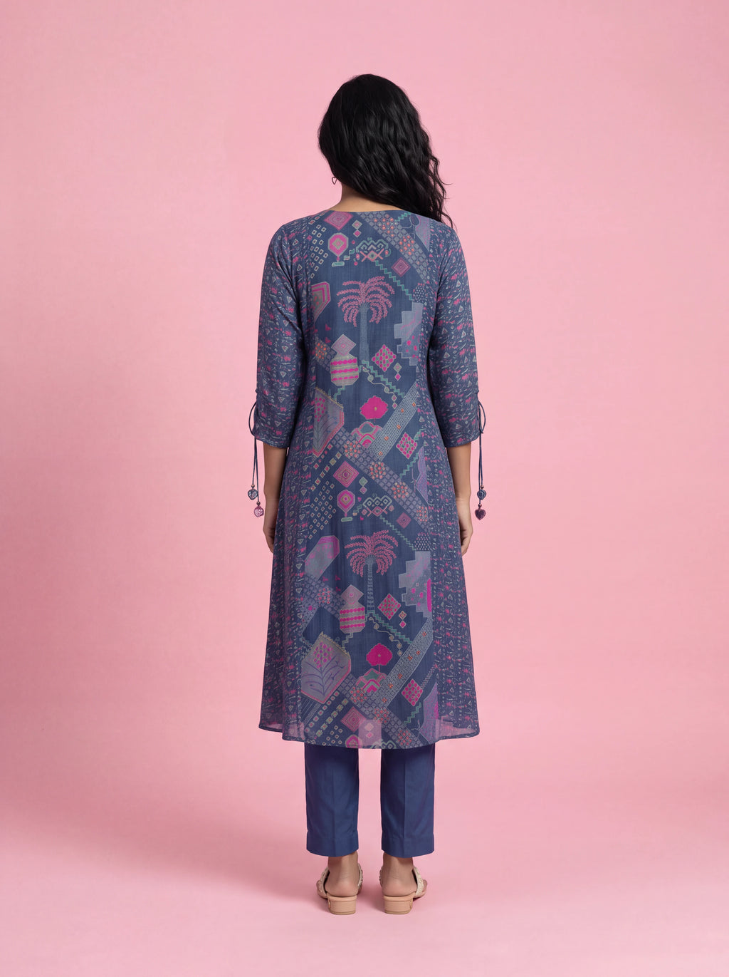 Blue cotton-silk kurta set with khat and kardana embroidery