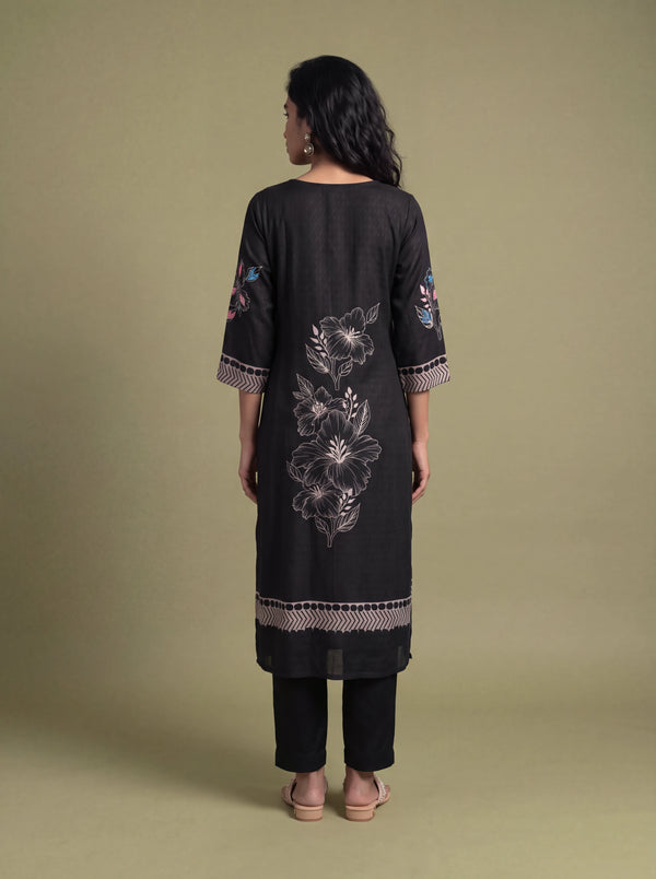 Black floral semi-tussar salwar suit with khat and French knot embroidery
