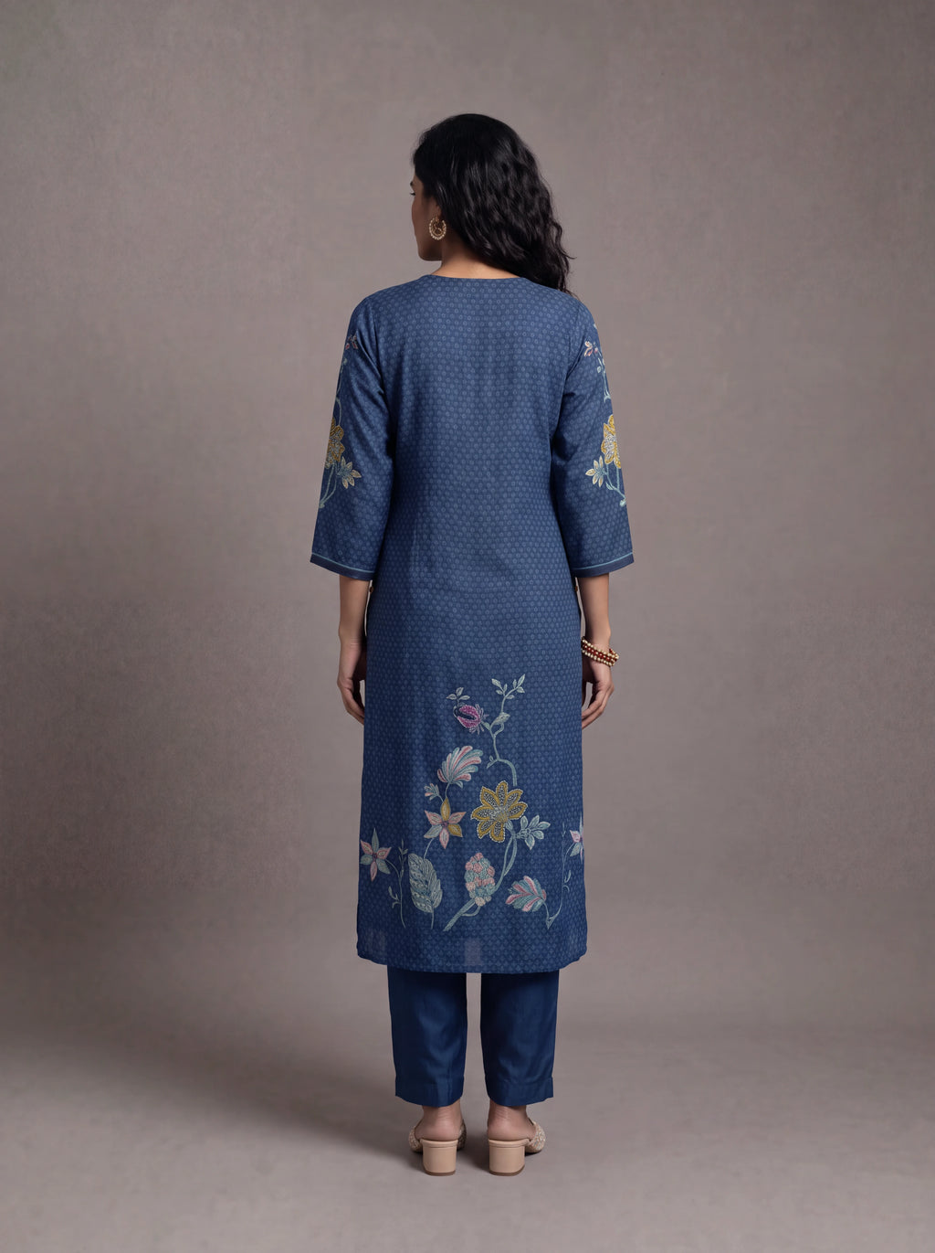 Navy blue semi tussar suit with patch work embroidery
