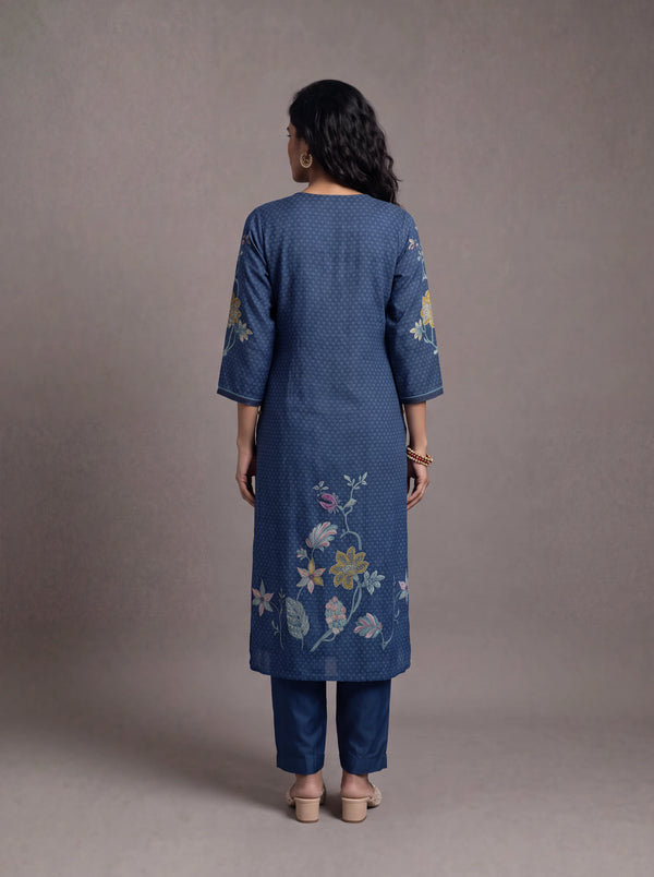 Navy blue semi tussar suit with patch work embroidery
