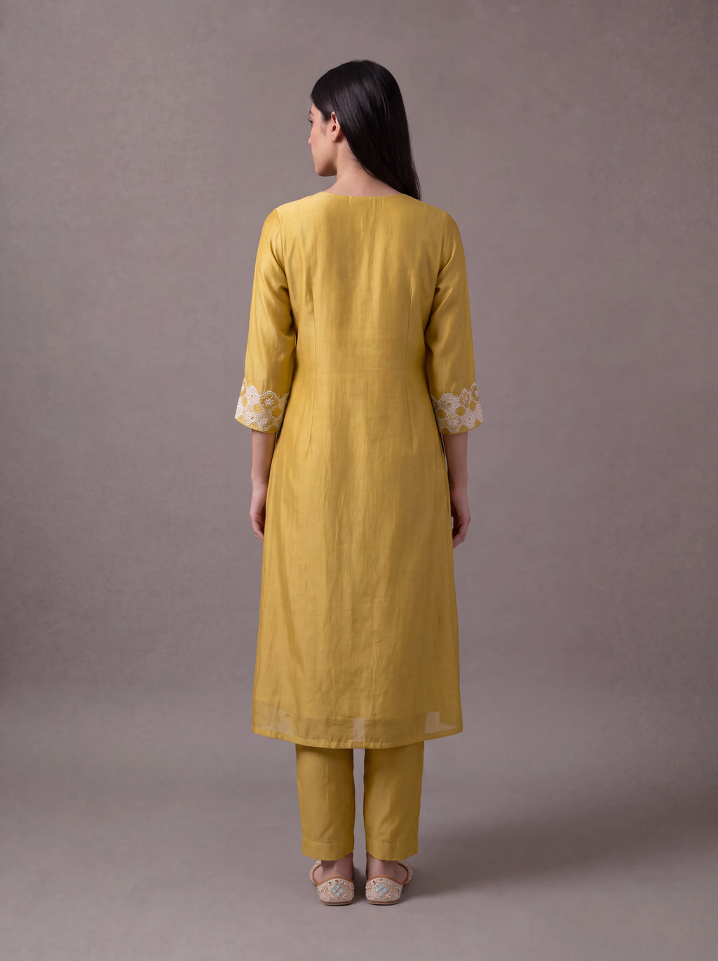 Mustard chanderi kurta set with floral patchwork and khat embroidery