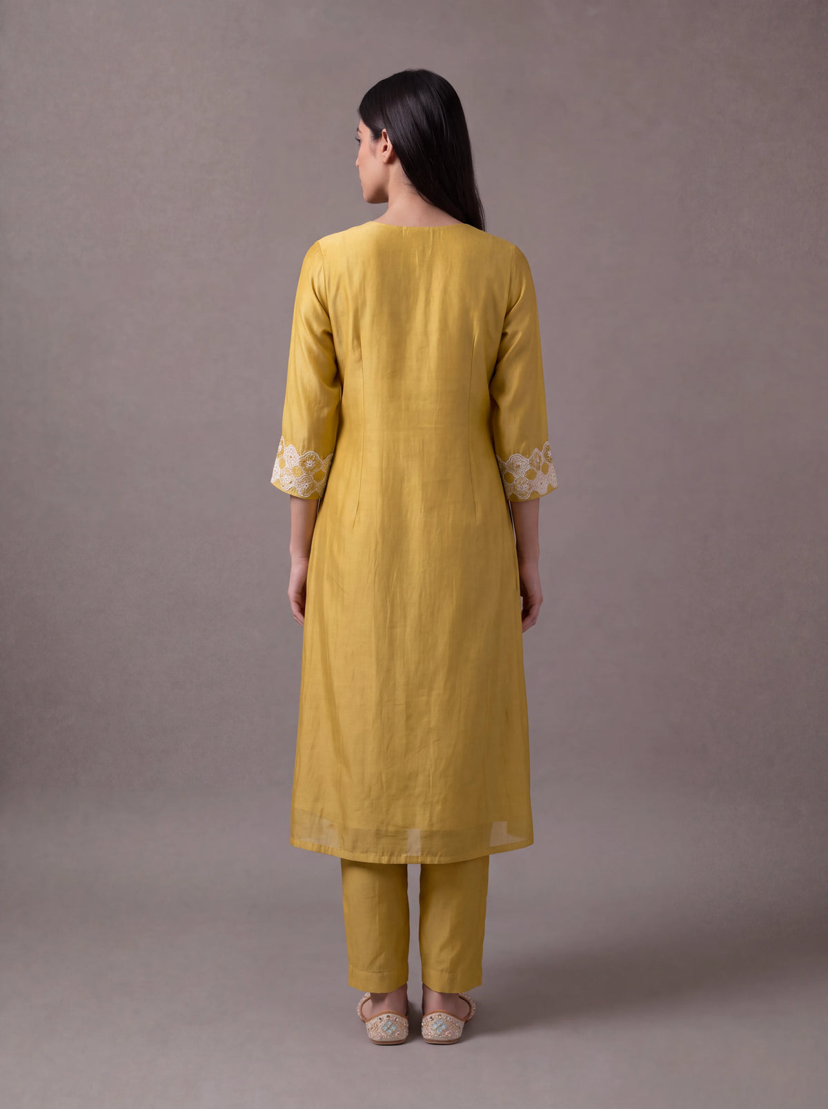 Mustard chanderi kurta set with floral patchwork and khat embroidery