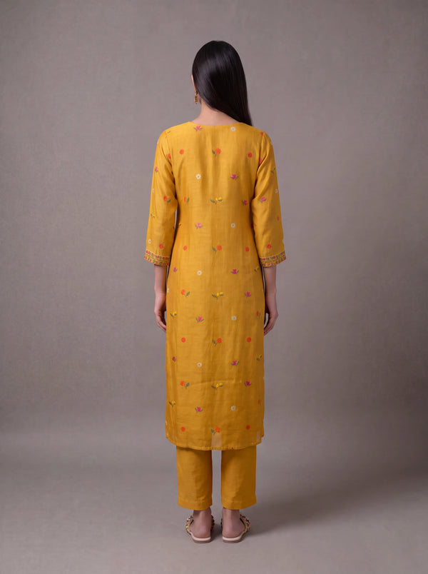 Mustard cotton silk salwar suit with sequins and thread embroidery