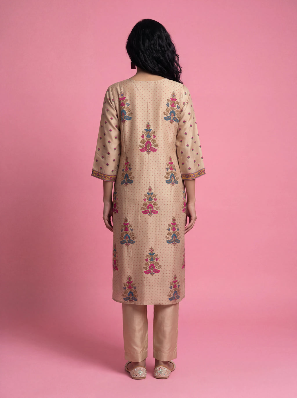 Beige semi tussar hand embroidery and printed salwar suit