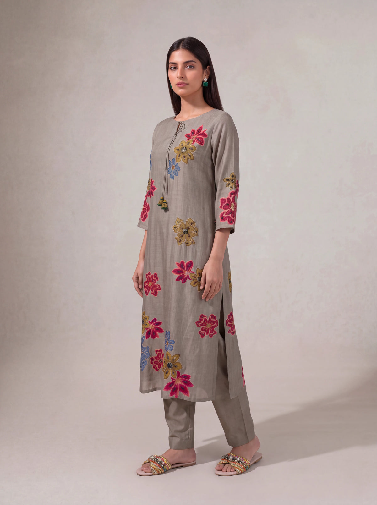 Beige semi tussar salwar suit with hand sequins embroidery