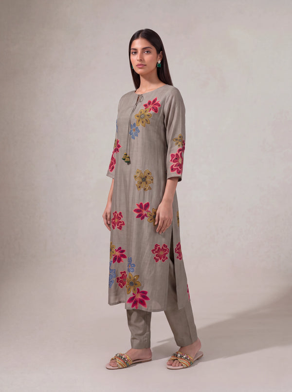 Beige semi tussar salwar suit with hand sequins embroidery