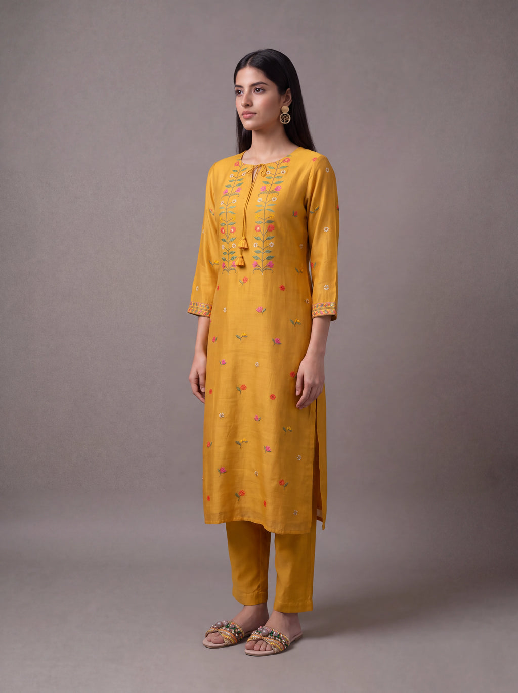 Mustard cotton silk salwar suit with sequins and thread embroidery