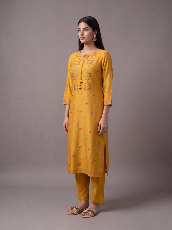 Mustard cotton silk salwar suit with sequins and thread embroidery