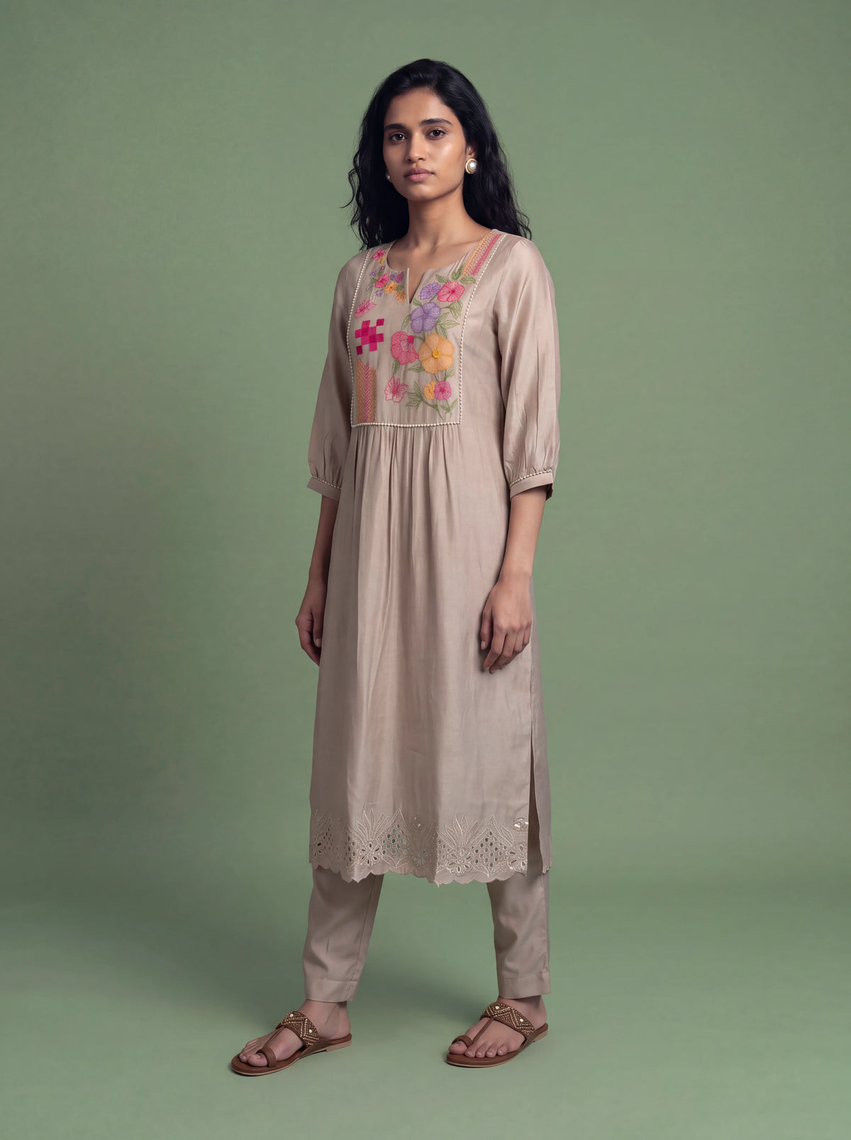 Beige chanderi salwar suit with multicolour thread and sequins work