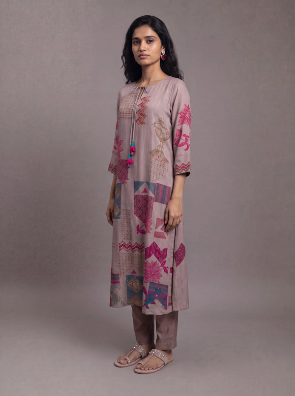 Mauve semi tussar thread and sequins embroidery salwar suit