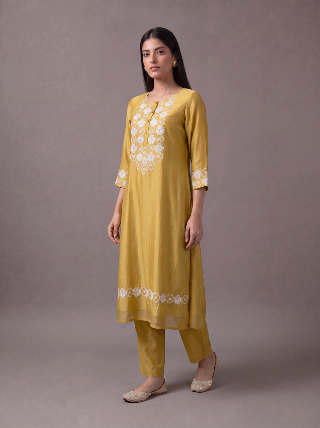 Mustard chanderi kurta set with floral patchwork and khat embroidery