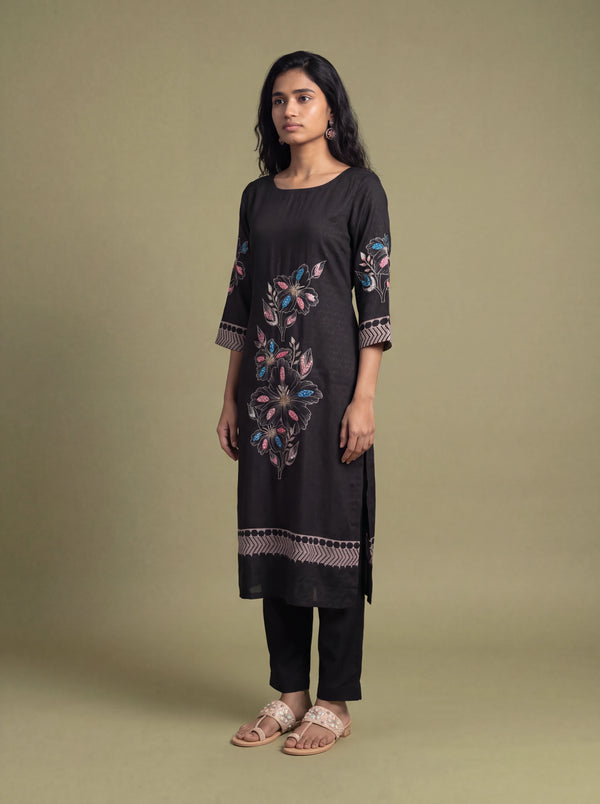 Black floral semi-tussar salwar suit with khat and French knot embroidery
