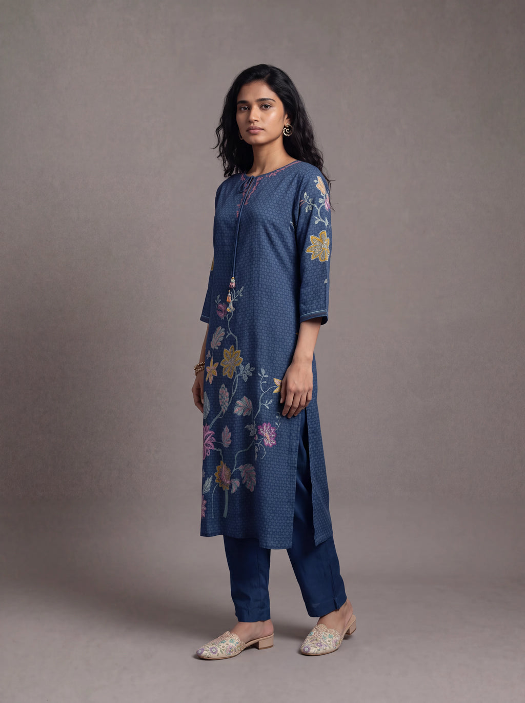 Navy blue semi tussar suit with patch work embroidery