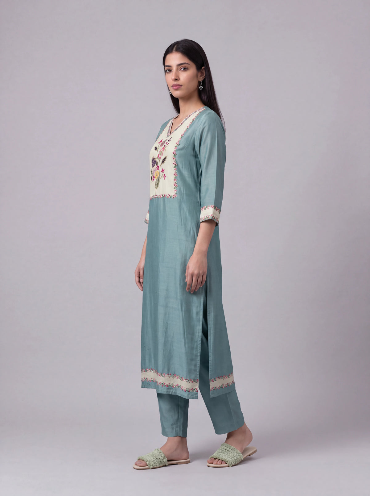 Mint tussar salwar suit with kardana embroidery