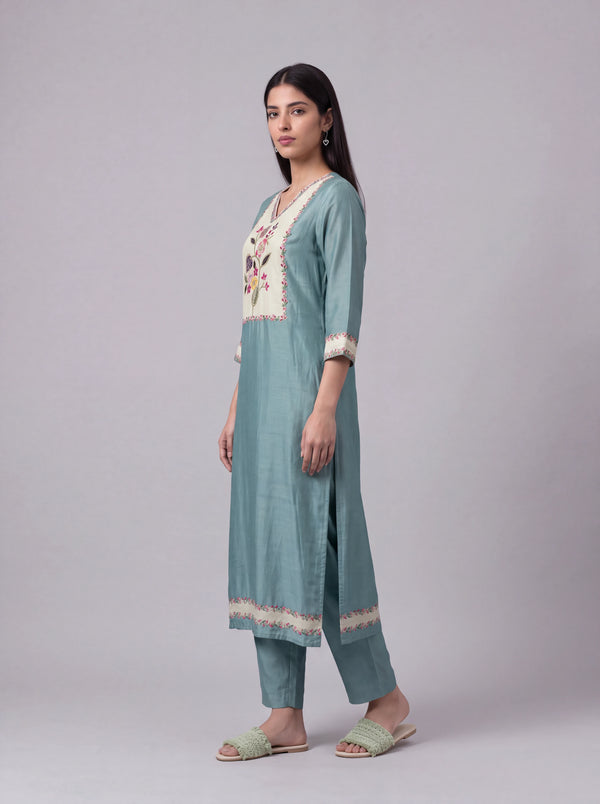 Mint tussar salwar suit with kardana embroidery