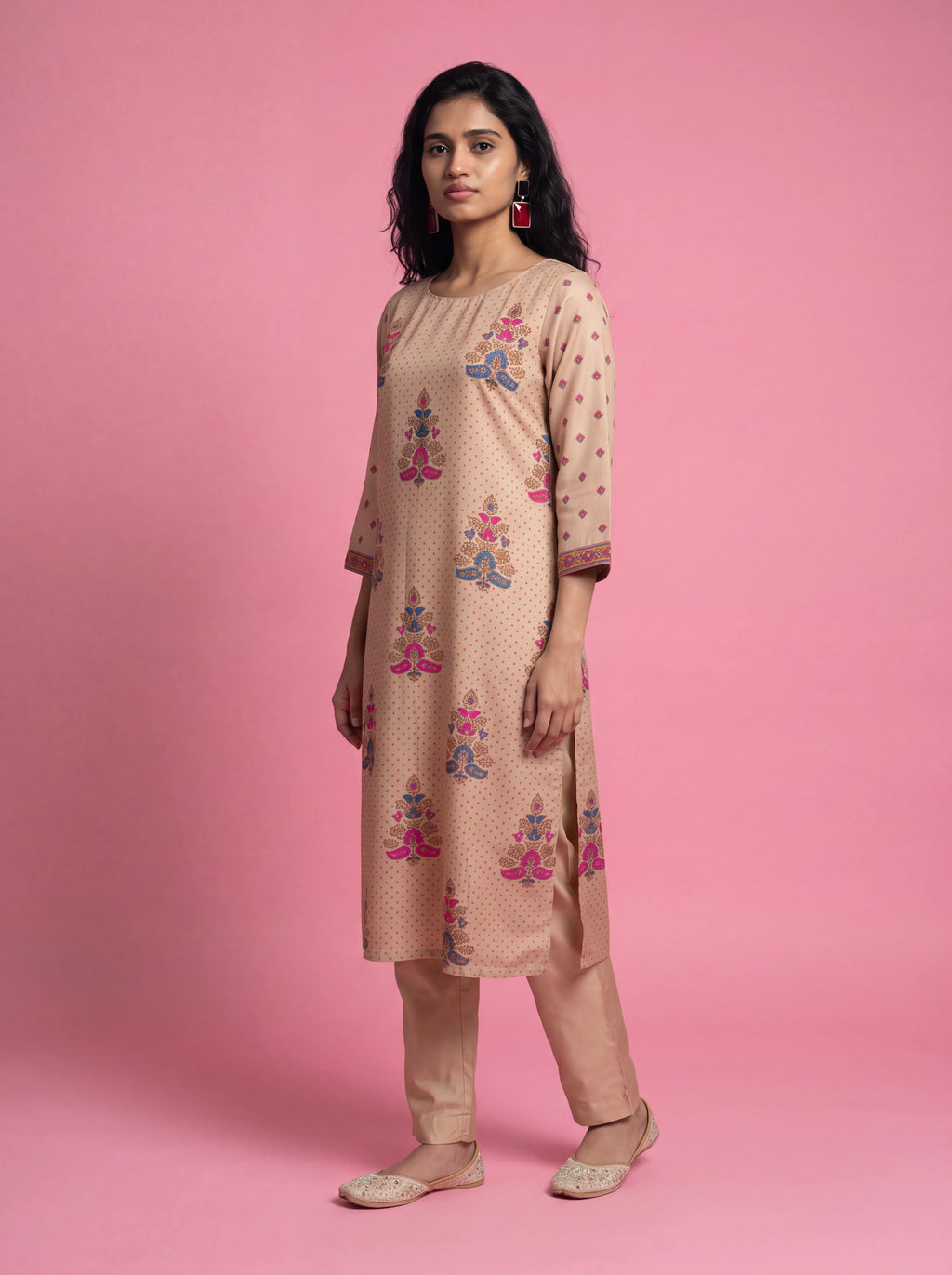 Beige semi tussar hand embroidery and printed salwar suit