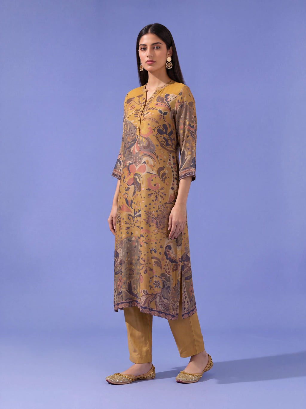 Mustard cotton silk salwar suit with sequins and thread embroidery